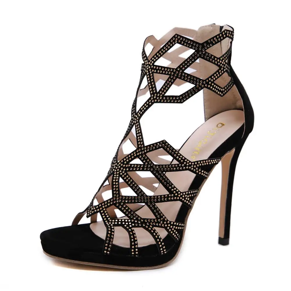 

Fashion Rhinestone Hollow Gladiator Women's Sandals Sexy Stiletto High Heels Roman Shoe Party Ladies Zipper Casual Shoes NIUFUNI