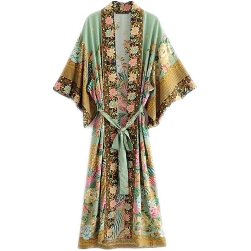 Bohemian V neck Peacock Flower Print Long Kimono Shirt Ethnic New Lacing up With Sashes Long Cardigan Loose Blouse Tops femme