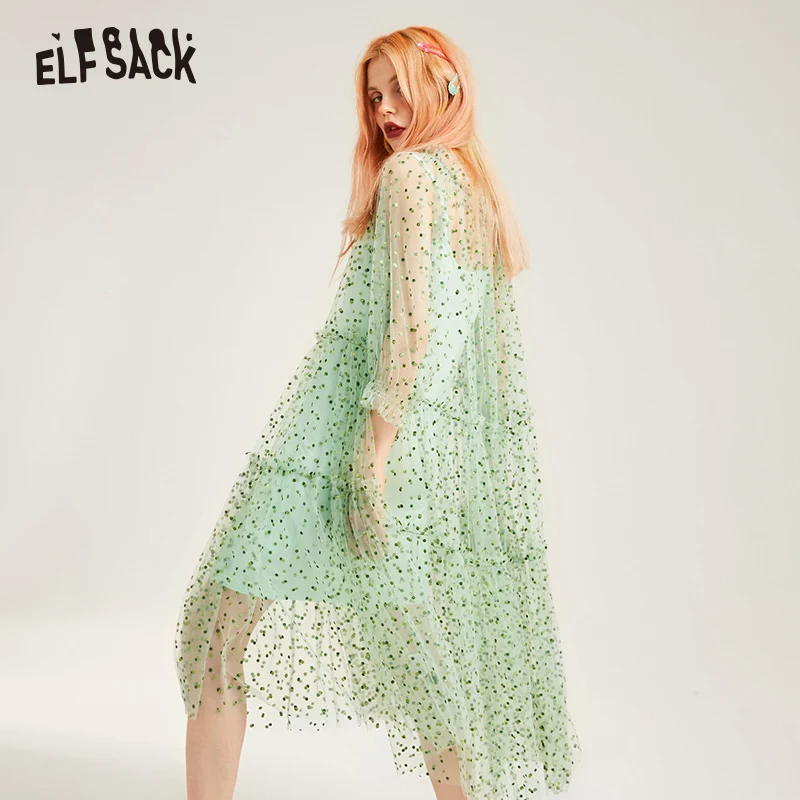 ELF SACK Mesh Dot мятно зеленые женские платья модное повседневное женское вечернее