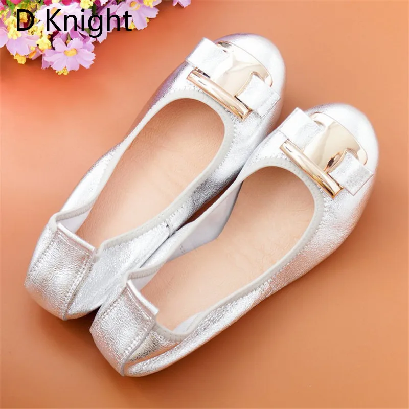 2023 New Women Flat Loafers Shoes Slip-on Bow Metal Decoration Casual Ballet Flat Genuine Leather Women Ballerina Shoes Big Size