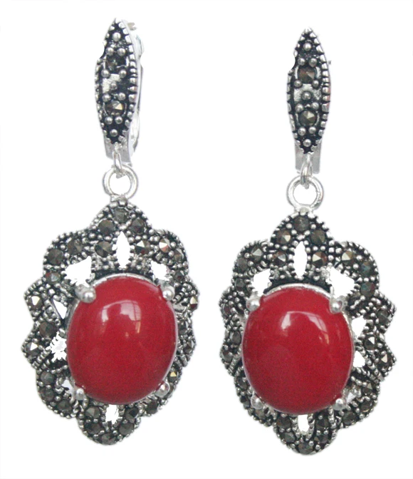 

Hot sell Noble- hot sell new - fancy 11/2" Vintage 925 Silver & Marcasite trend Red Coral Earrings fashion jewelry