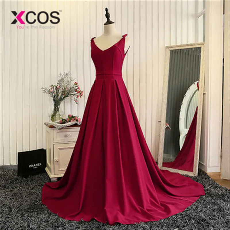 XCOS Free Shipping Burgundy Satin Long Bridesmaid Dresses 2018 New Fashion Wedding Party robe Formal dress | Свадьбы и торжества