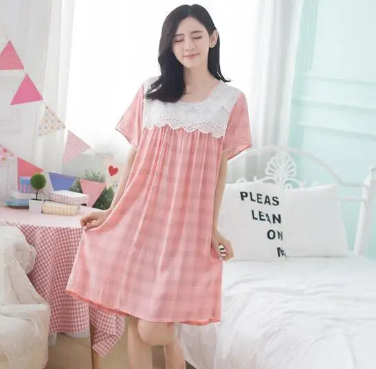 Women summer dress casual cotton and lace sweet girl's nightgown plaid loose sleepwear nightdress female homewear dresses | Женская