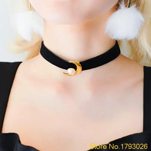 Womens Elegant Golden Metal Black Velet Band Pearl Moon Charm Collar Necklace 4TPL | Украшения и аксессуары