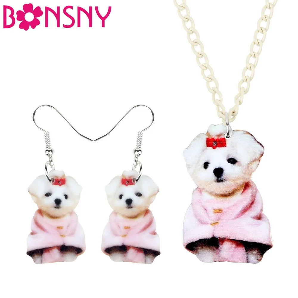 Bonsny Acrylic Jewelry Sets Cute West Highland White Terrier Necklace Earrings Fashion Pendant For Women Girls Gift Accessories | Украшения