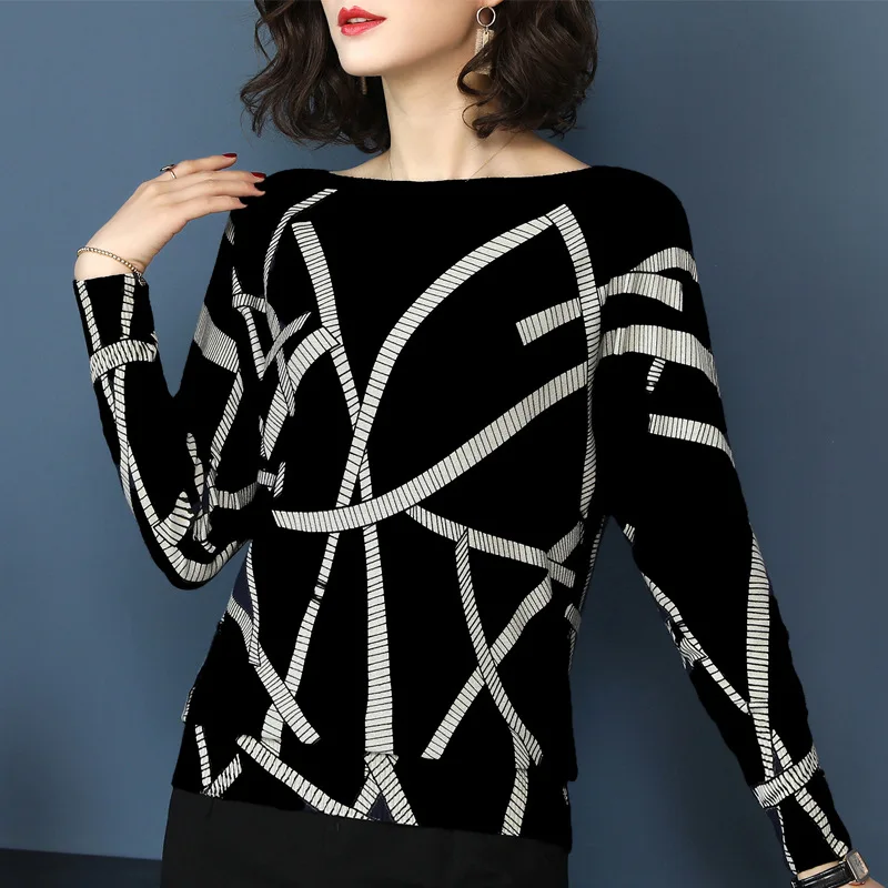 2020 Autumn Loose Sweater Geometric Print Block O Neck Women Pullover Knitwear Jerseys and Sweaters Long Sleeve Knitted | Женская одежда