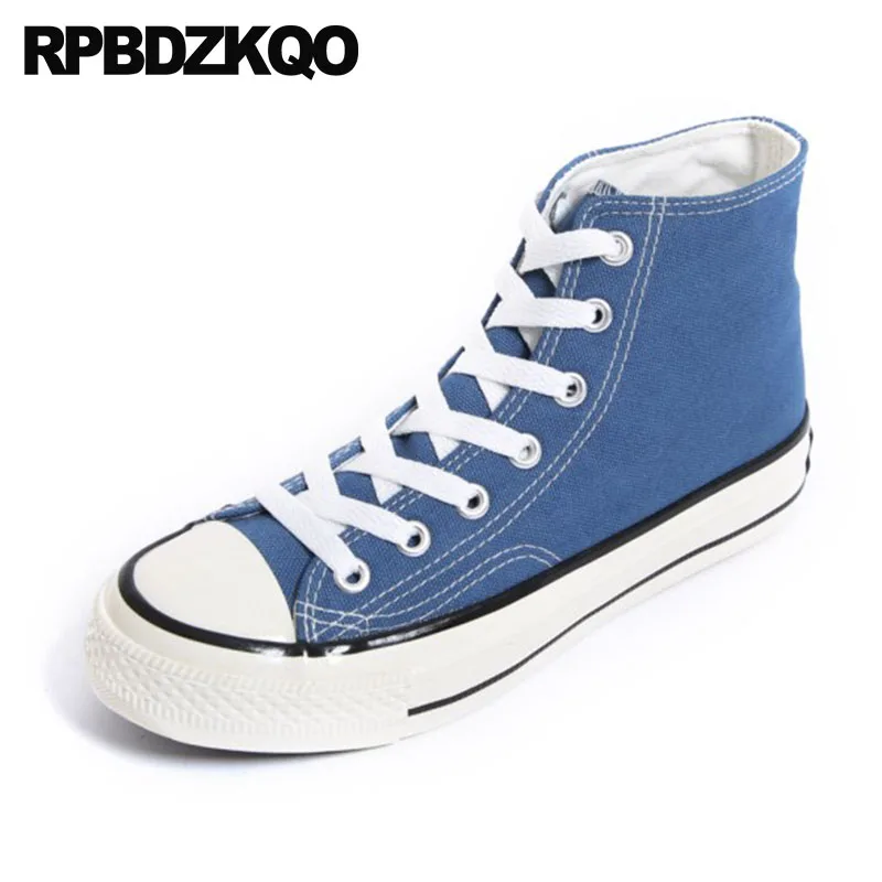 Женские дышащие кроссовки синие высокие на плоской подошве с круглым носком