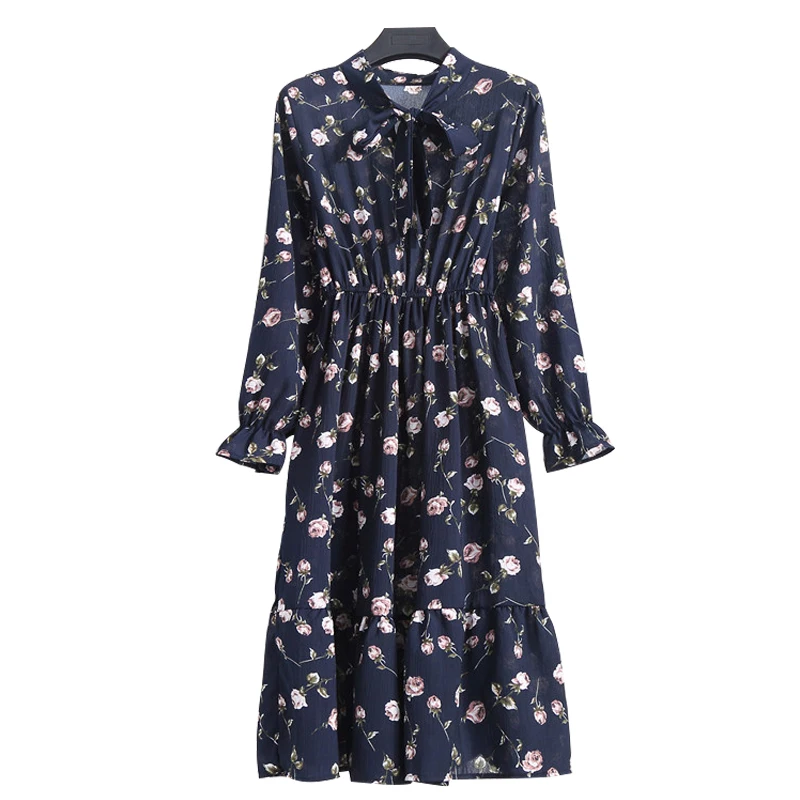 

2019 Spring New Korean Long Floral Chiffon Dress Long Sleeve Slim Knee Dress