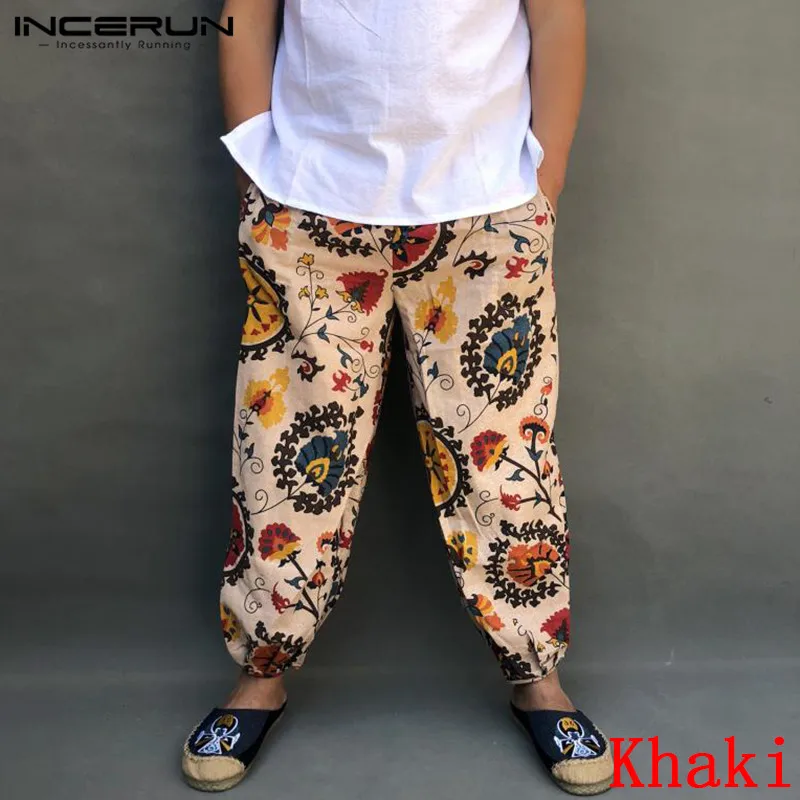 Khaki Pants INCERUN, винтажные мужские шаровары, с принтом, хип-хоп, хлопок, мешковатые, уличная одежда, тайские Широкие штаны, свободные, этнический стиль, брюки для мужчин - Цвет: Khaki Pants