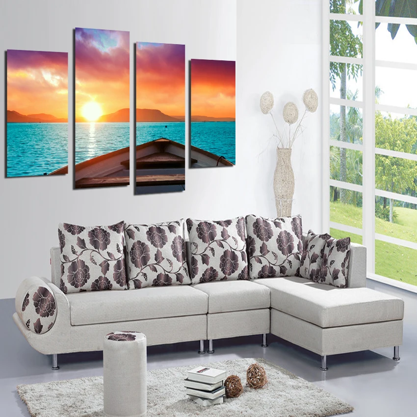 

4 Panel Modern seaside sunset Landscape Painting Picture Cuadros Canvas Art Seascape Painting For Living Room No Frame F18872