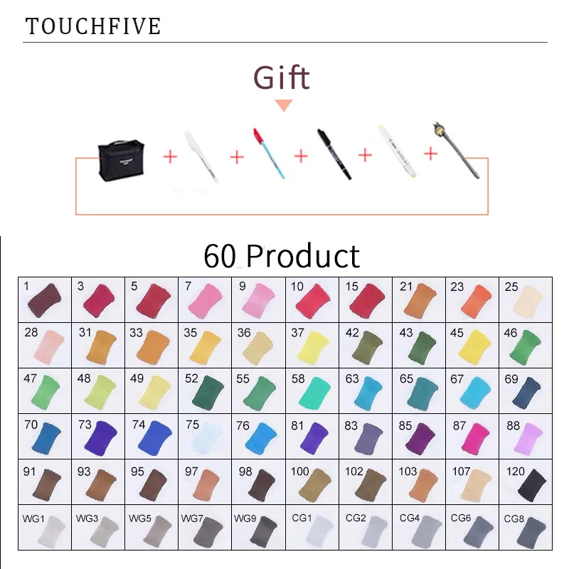 60 PRODUCT TouchFIVE 20 Вт, 30 Вт/40/60/80 Цвет маркеры манга рисунок Маркеры Ручка на спиртовой основе эскиз жирной двойной кисть товары для рукоделия - Цвет: 60 PRODUCT