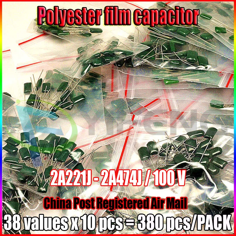 

380PCS 100V 2A221~2A474J 220PF~470NF 38Value x 10Pcs Mylar Film Capacitor Assorted Kit Polyester