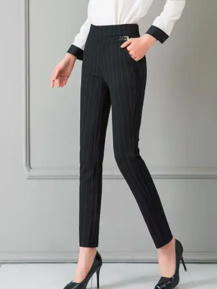 Hot Black Stripe Новые женские клетчатые брюки полной длины с высокой талией весна/осень Фитнес Брюки с карманами размера плюс 3XL 4XL 5XL - Цвет: Hot Black Stripe
