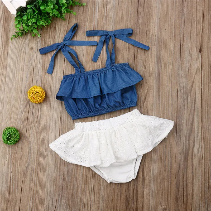 

Summer Newborn Kid Baby Girl Clothes Sleeveless Sling Ruffle Denim Top+Solid Lace Shorts Outfit 2Pcs Set