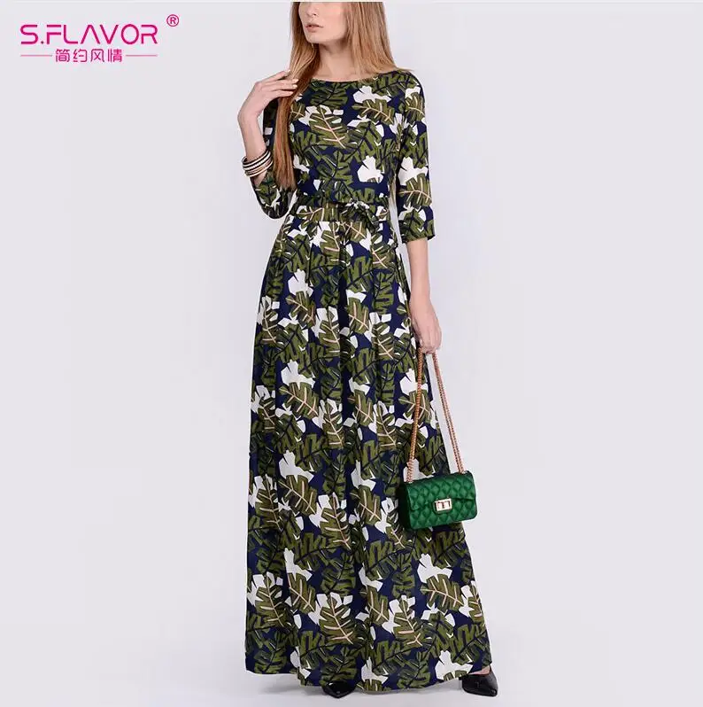 Женские платья с принтованными цветами S.FLAVOR, элегантное длинное платье с О-образным вырезом и рукавом 3/4, элегантные осенние праздничные платья - Цвет: green
