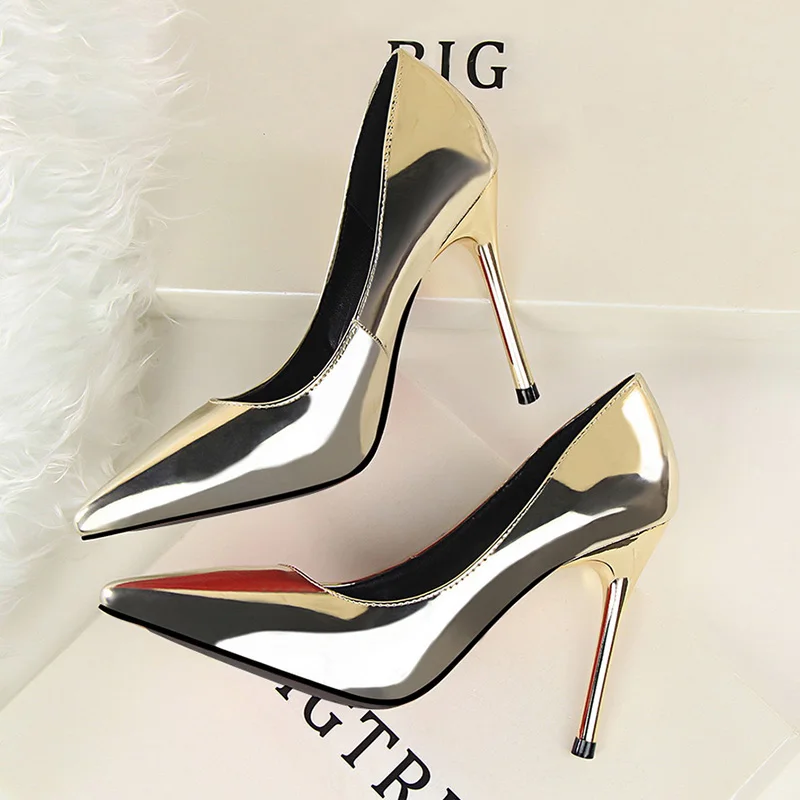 Heel Height 10cm Женские туфли-лодочки на высоком каблуке 10 см из кожи ярко-зеленого цвета женские туфли-лодочки Scarpin деловой пикантный женский блестящие туфли на День святого Валентина - Цвет: Heel Height 10cm