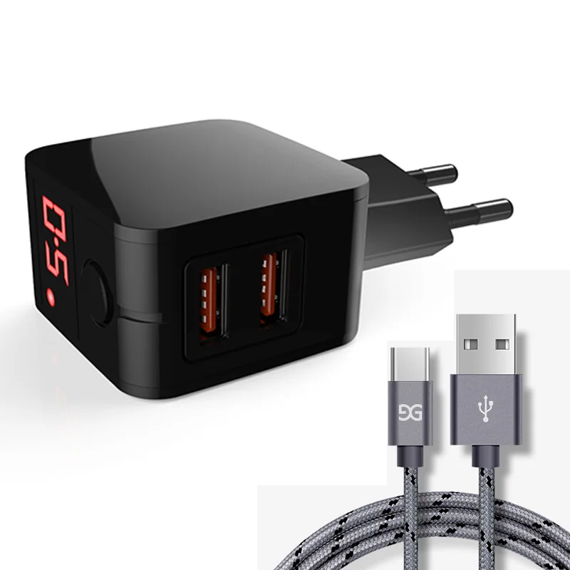 BlackGrey От GUSGU USB Зарядное устройство двойное быстрое зарядное устройство для телефона адаптер ЕС Порты и разъёмы с Тип usb-C нейлоновый кабель для samsung Galaxy S9 S8 huawei Oneplus - Цвет: BlackGrey
