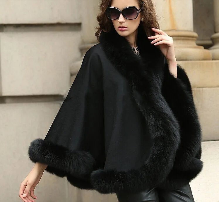 Wraps Lady's Genuine Shawl Real Cashmere Genuine Fox  Fur Coat Cloak Women Winter Warm Poncho/ Cape BLACK