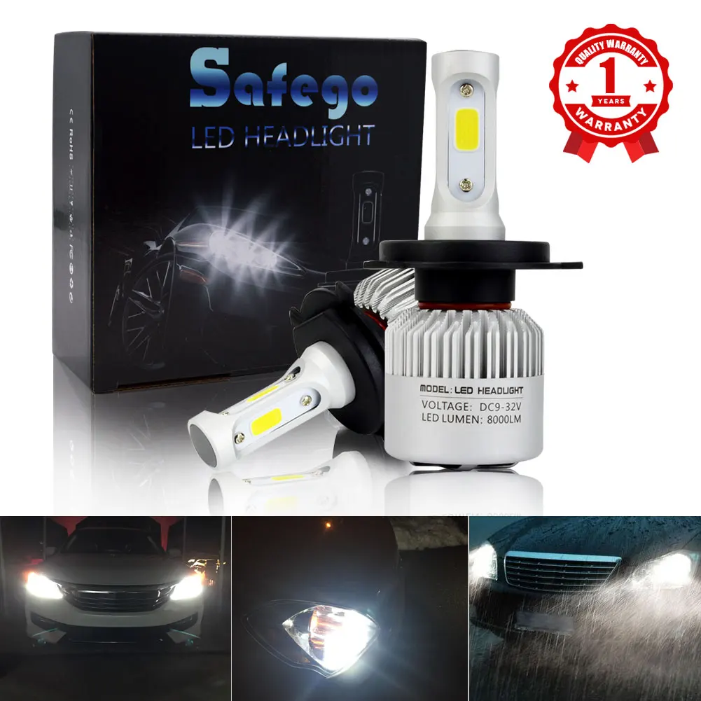 Safego H4 Hi lo Beam H7 9005 HB3 9006 HB4 H11 H9 H8 авто светодиодный комплект ламп фар 8000lm COB Чип 12В 24В