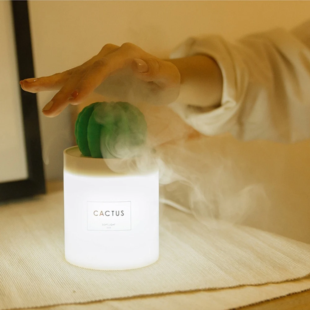 

280ml USB Air Humidifier Cactus Timing Aromatherapy Diffuser Mist Maker Fogger Mini Aroma Atomizer With Night Light for Home