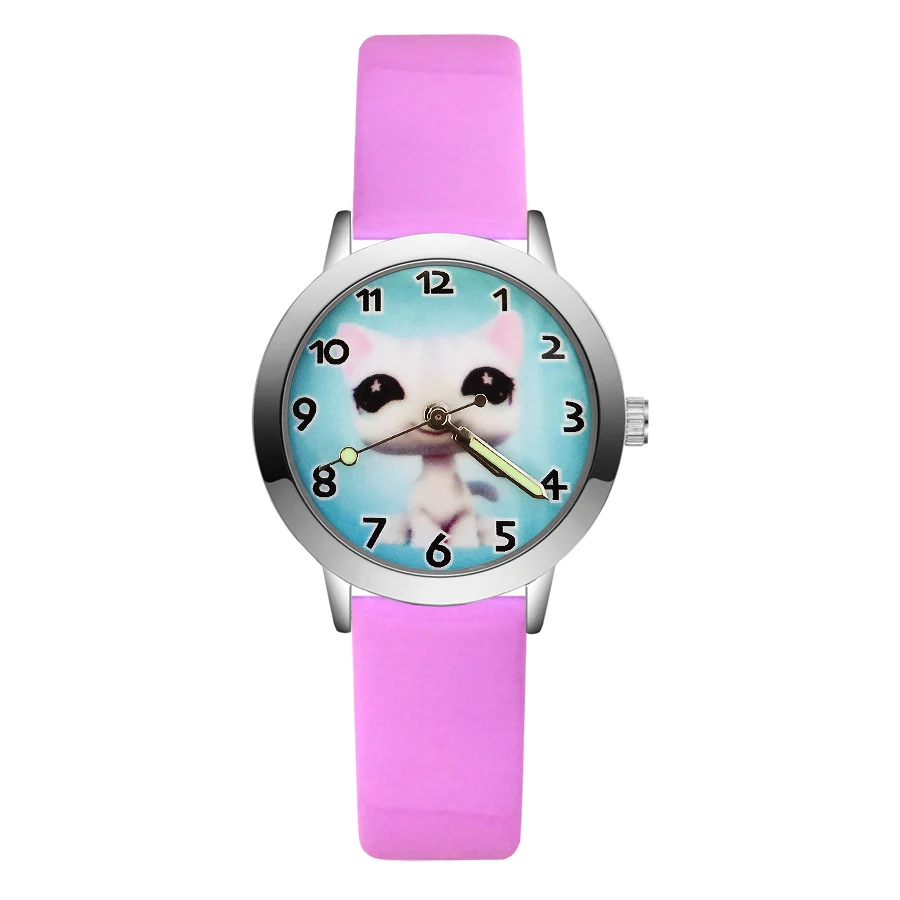 Pink Модные детские часы с милым котом из мультфильма; кварцевые кожаные Наручные часы для девочек; JA140 - Цвет: Pink