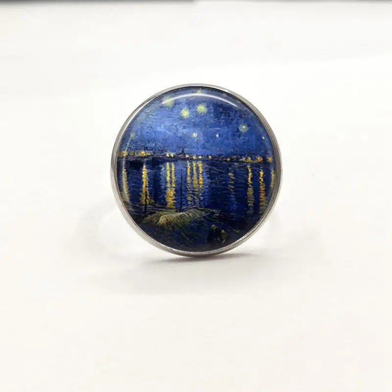 New Glass Dome Rings The Starry Night by Vincent Van Gogh 1889 Handmade Keepsake Ring Art Painting Adjustable | Украшения и