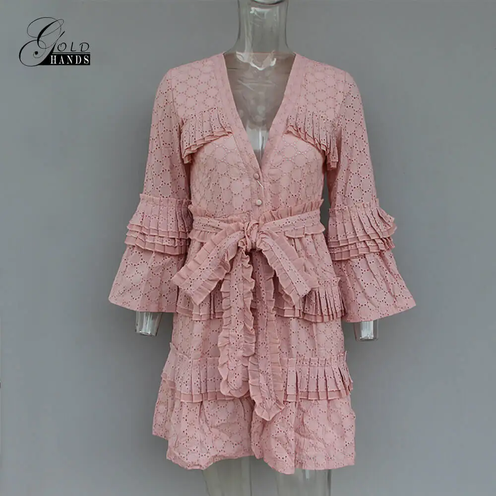 Женское платье с бантом зеленое треугольным вырезом и рукавами-фонариками 2019 |