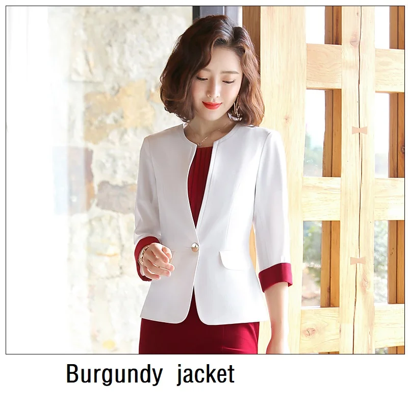 Burgundy jacket Женские костюмы, приталенные весенние платья с принтом и рукавом до локтя, комплект из 2 предметов, деловые Деловые женские платья, костюмы, женские комплекты, костюмы - Цвет: Burgundy jacket