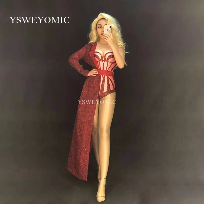 2019 Sexy Red Stretch Bodysuit Two Pieces Set Costume Stage Dance Wear Leotard Half Side Long Coat Performance Outfit YSWEYOMIC |