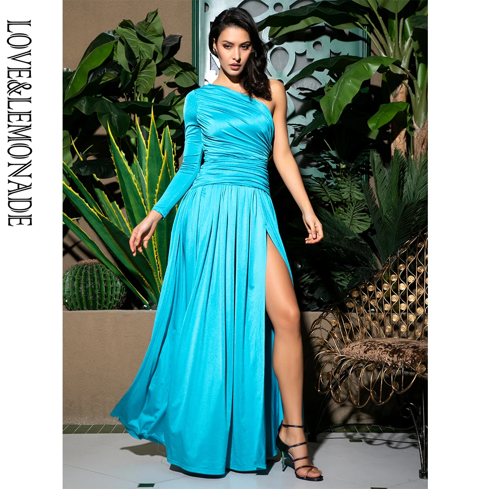 Женское длинное платье LOVE & LEMONADE небесно голубое из эластичного материала с