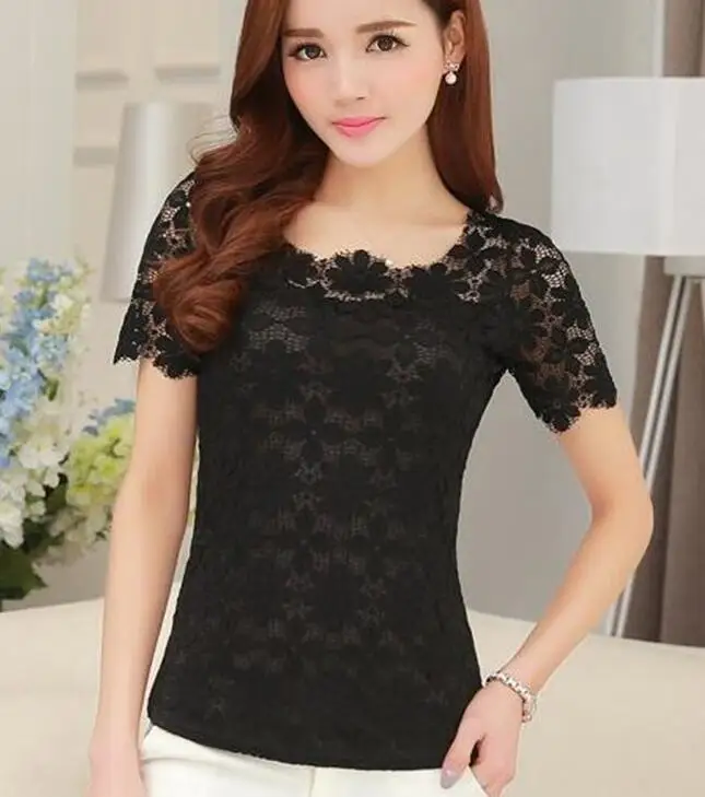 Черный Женские топы, кружевная рубашка, Blusas Femininas, блузки и рубашки, новинка, модная женская блузка с коротким рукавом размера плюс, женская одежда 5XL - Цвет: Черный