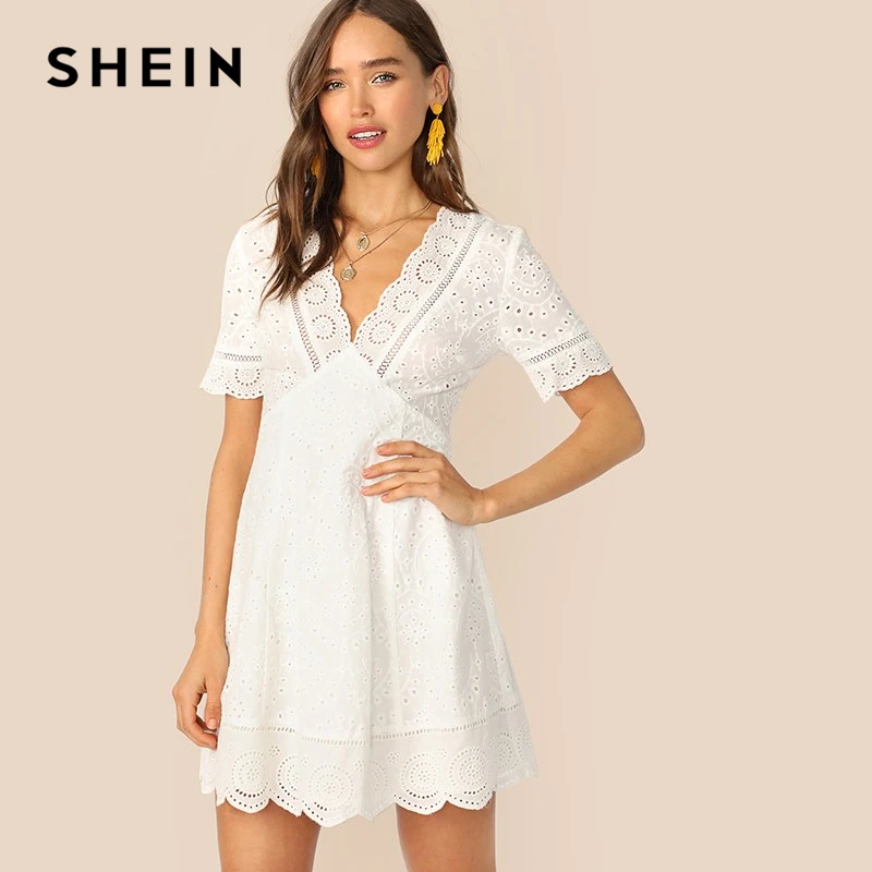 SHEIN Платье С Глубоким Вырезом И Фестончатым Краем Бохо Летнее Платье Женские Элегантные Кружевные Платья
