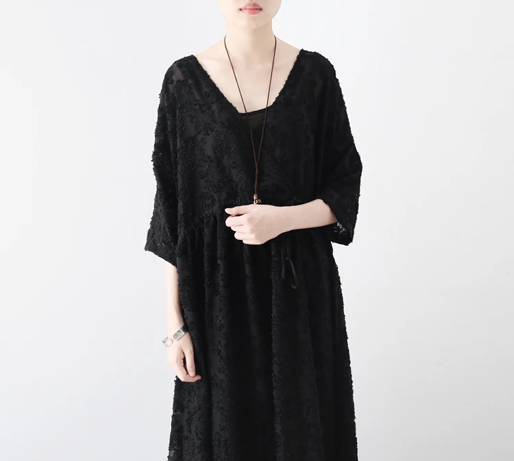 2017 осенние черные женские шелковые шифоновые свободные платья ретро большие
