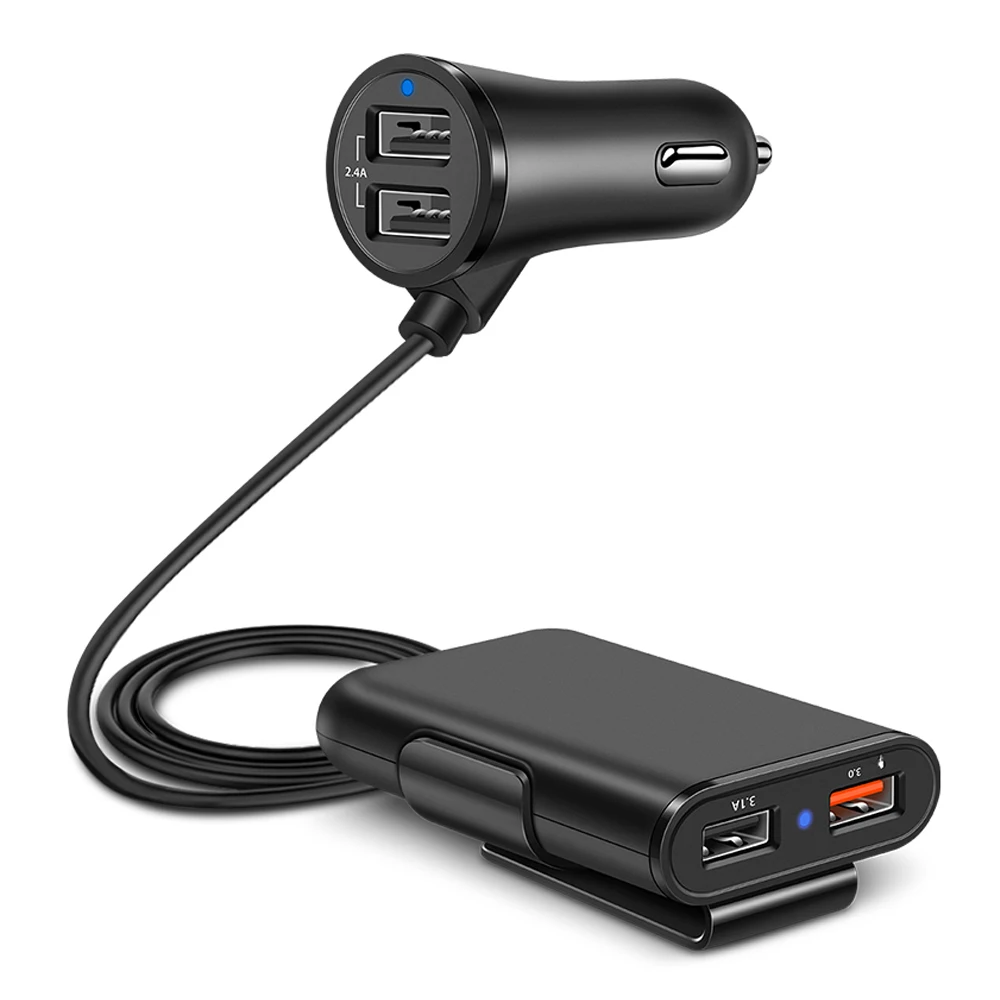 Powstro Fast Car Charge 3.0+2.4A+3.1A 4 USB Parts with 5.6ft Extension Cord Cable Mobile Charger Adapter for Back Seat Charge