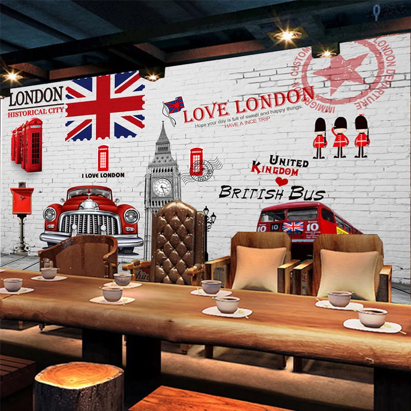 

Custom Size Photo 3D London retro mural bar box Cafe KTV background wall tea restaurant wallpaper mural brick wallpaper 3d
