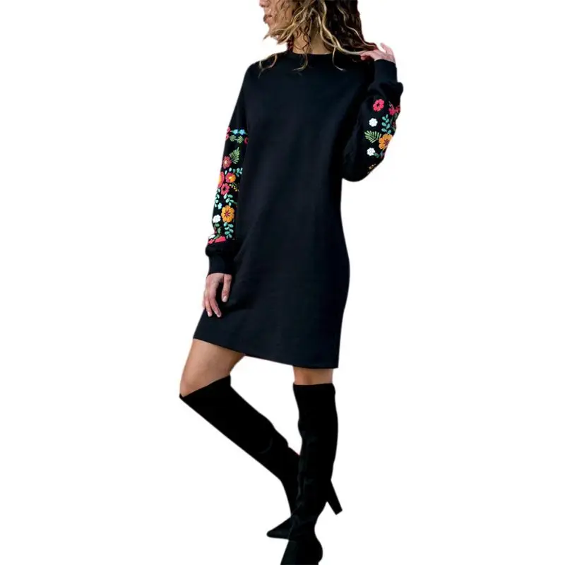 Women Sexy Print Flower Autumn Winter O-Neck Plus Size Loose Long Sleeve Slim Stretch Dress | Женская одежда