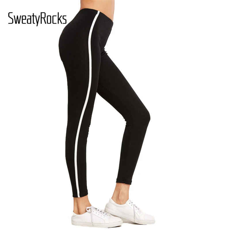 SweatyRocks, черные полосатые женские леггинсы со средним обхватом талии, эластичные леггинсы, женские повседневные штаны