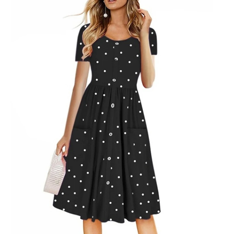 Летние платья с принтом для женщин круглый вырез пуговица талия карман платье