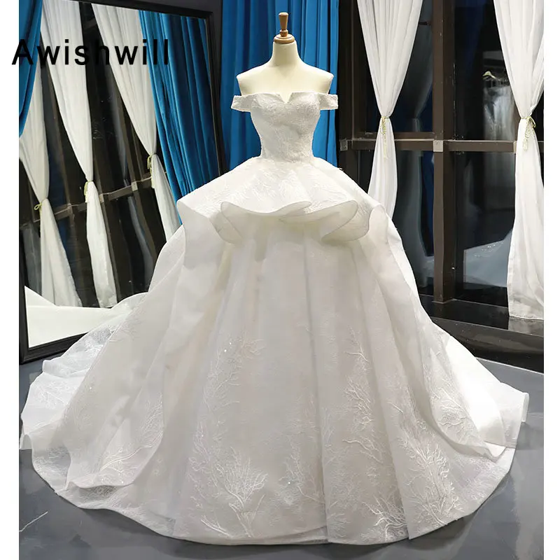 

Реальное фото Vestido De Noiva Великолепное Кружевное Свадебное платье с вырезом лодочкой 2020 бальное платье со шлейфом для часовни женское свадеб...