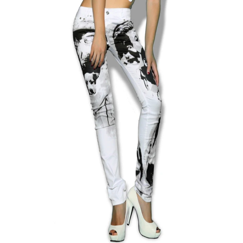 2020 new spring and autumn plus size brand female women girls stretch Graffiti skinny pencil pants jeans clothes 79397 | Женская одежда