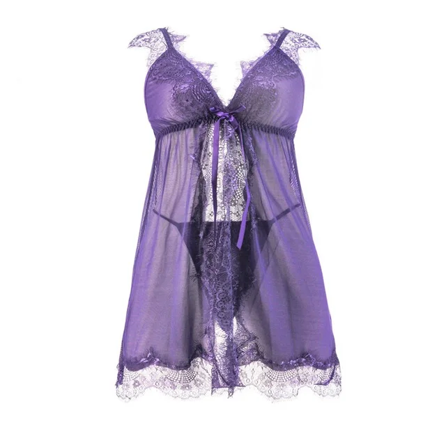 Purple Perspective Lace Sling Strap Nightwear With Thong Women Gecelik Camisola Sexy Sleepwear Nightgown Set Baby Doll Lingerie |