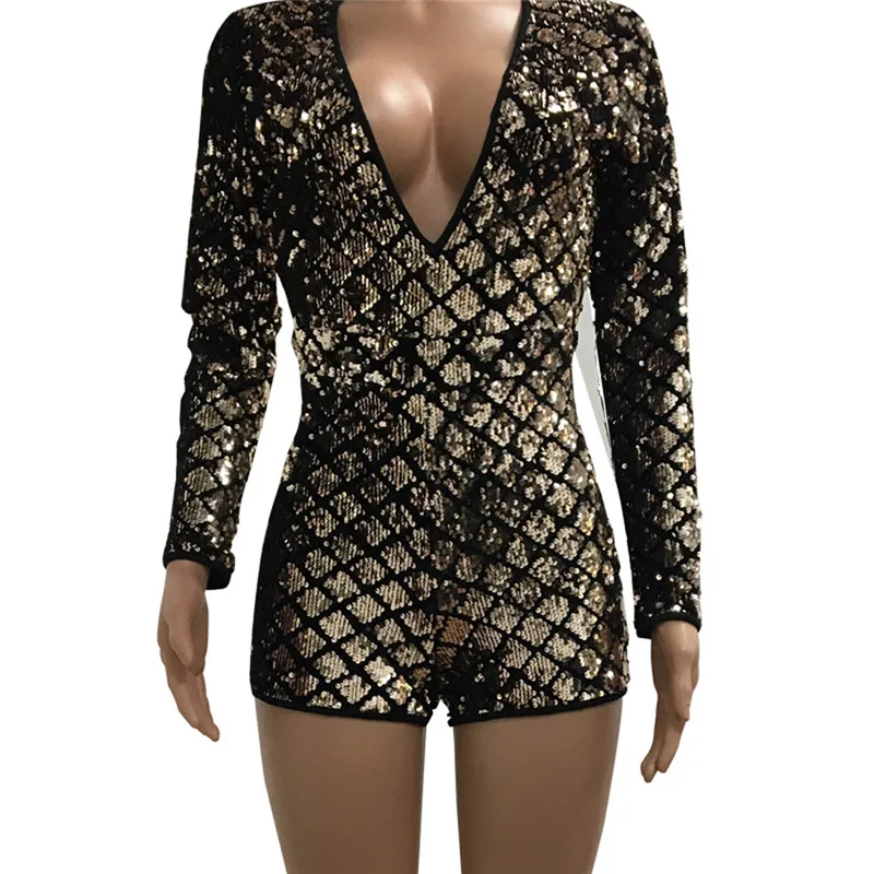 Женский комбинезон с длинным рукавом и открытой спиной блестящий глубоким v