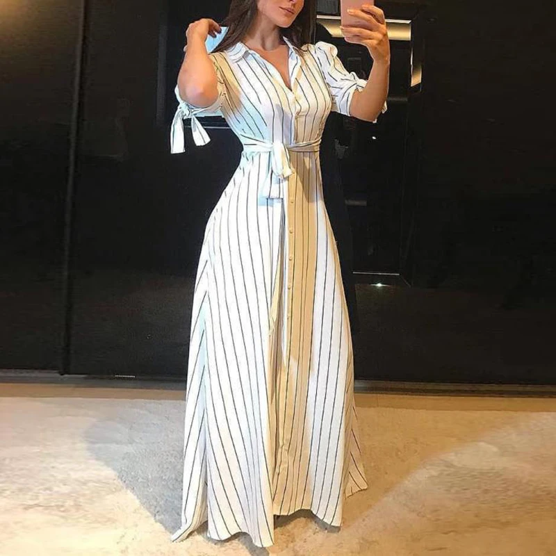 Лето в стиле Boho женские платья макси короткий рукав Женская Полосатая Рубашка
