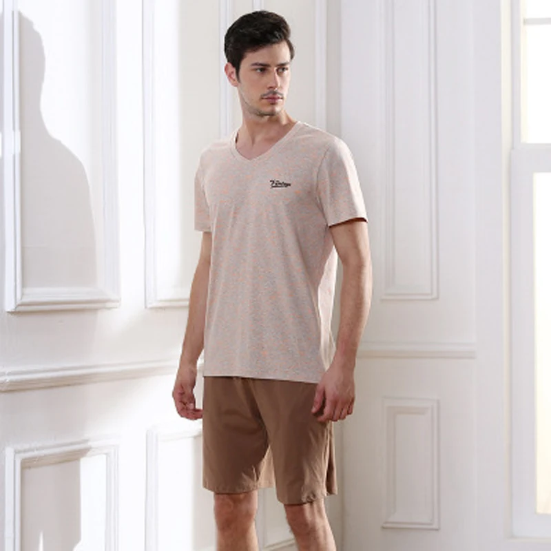 100% cotton summer men's pajamas short sleeve home clothing o-neck strip men night sleepwear men's sleepwear