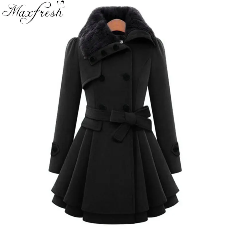 Maxfresh Woolen Double Breasted Winter Jacket Women Belt Thick Coat | Женская одежда