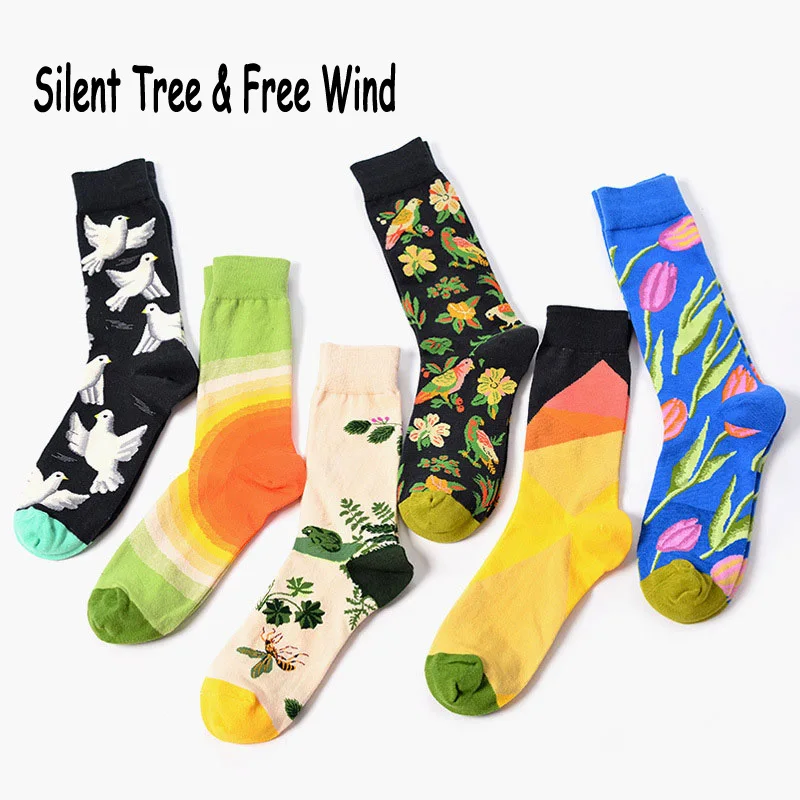 

Happy Family Lovely Plant Floral Carnation Peace Dove Bee Bird Crew Socks Men Women Colorful Spring View Cotton Wedding Sock