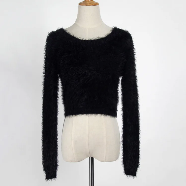 2019 spring Short Mohair Autumn Cropped Sweaters Long Sleeve bare midriff sexy O-neck Pullovers vestidos gothic shaggy WM69186P | Женская