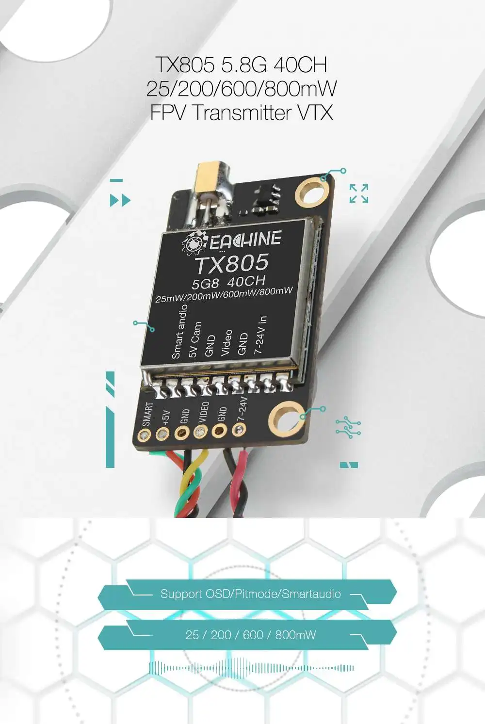 Eachine TX805 5,8G 40CH 25/200/600/800 передатчик mw FPV VTX светодиодный Дисплей Поддержка серверный компьютером с экранным меню для Pitmode/Smartaudio пульт дистанционного управления съемкой от первого лица Запчасти