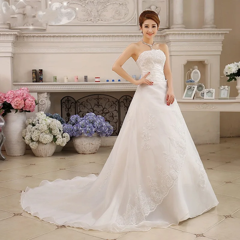 

2019 A-Line Bridal Dress Strapless Court Train Lace Tulle Sleeveless Adjustable Plus Size Summer Wedding Dress