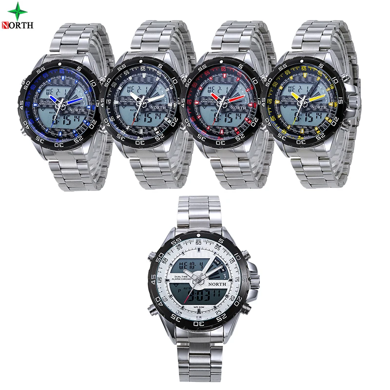 NORTH цифровой дисплей мужские спортивные часы из нержавеющей стали